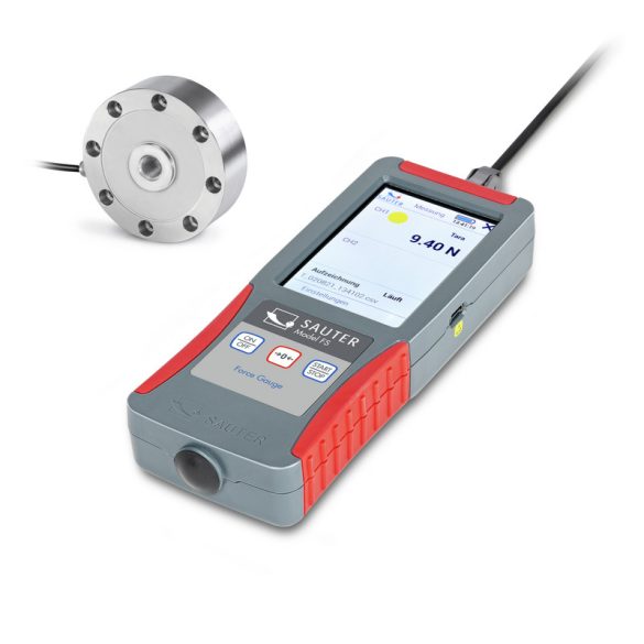 SAUTER FS 2-10KRY1 erőmérő készlet, amely FS 2 prémium erőmérőből és CR 1000-1Y1 mérőcellából áll húzó- és nyomóerő mérésekhez.