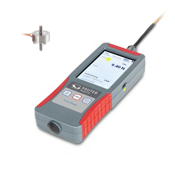 SAUTER FS 2-1KOY2 erőmérő készlet, amely FS 2 prémium erőmérőből és CO 100-Y2 külső miniatűr mérőcellából áll nyomóerő mérésekhez.