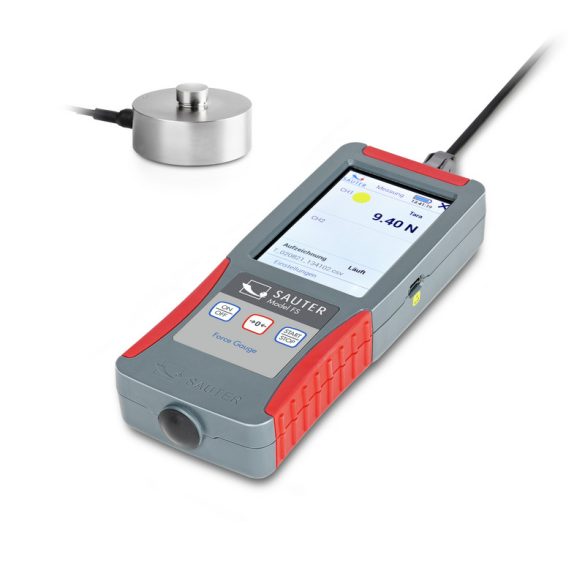 SAUTER FS 2-25KRQ1 erőmérő készlet, amely FS 2 prémium erőmérőből és CR 2500-1Q1 külső kerek miniatűr mérőcellából áll nyomóerő mérésekhez.