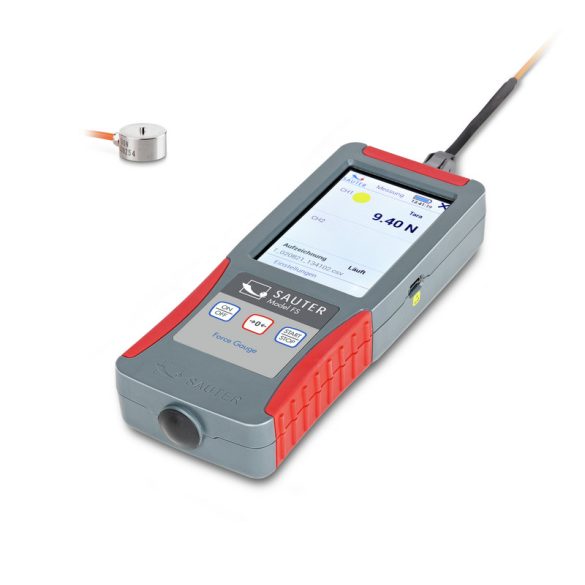 SAUTER FS 2-2KOY1 erőmérő készlet, amely FS 2 prémium erőmérőből és CO 200-Y1 külső miniatűr mérőcellából áll nyomóerő mérésekhez.